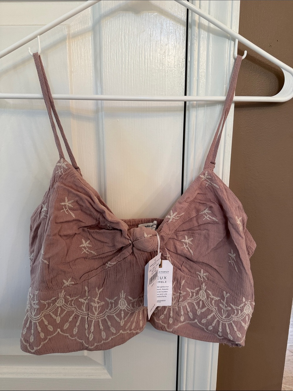 American Eagle Outfitters Mauve Embroidered Tie-Front Bandeau